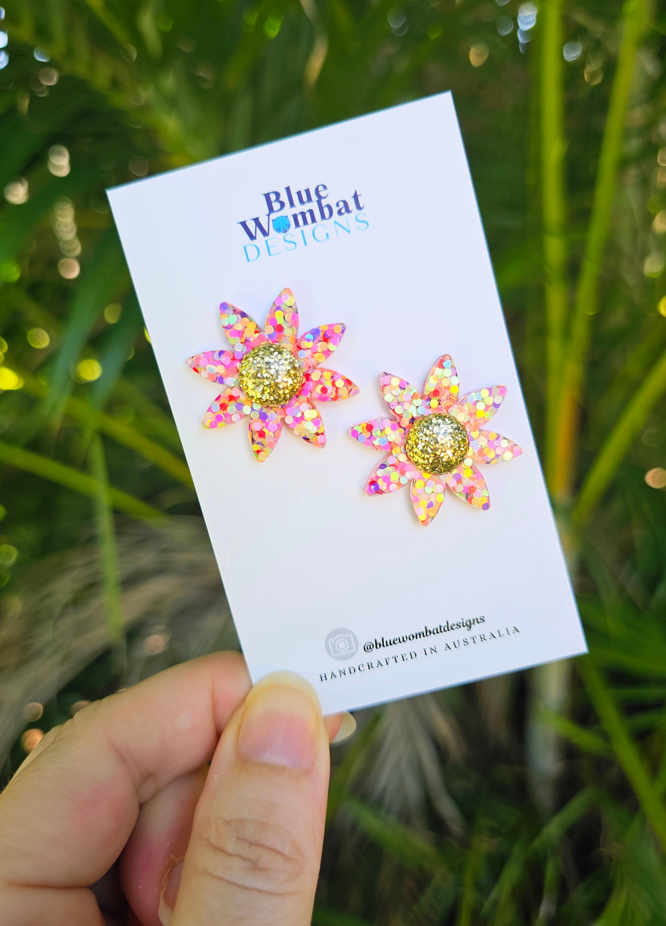Resin Flower Colourful Glitter Stud Earrings 28mm