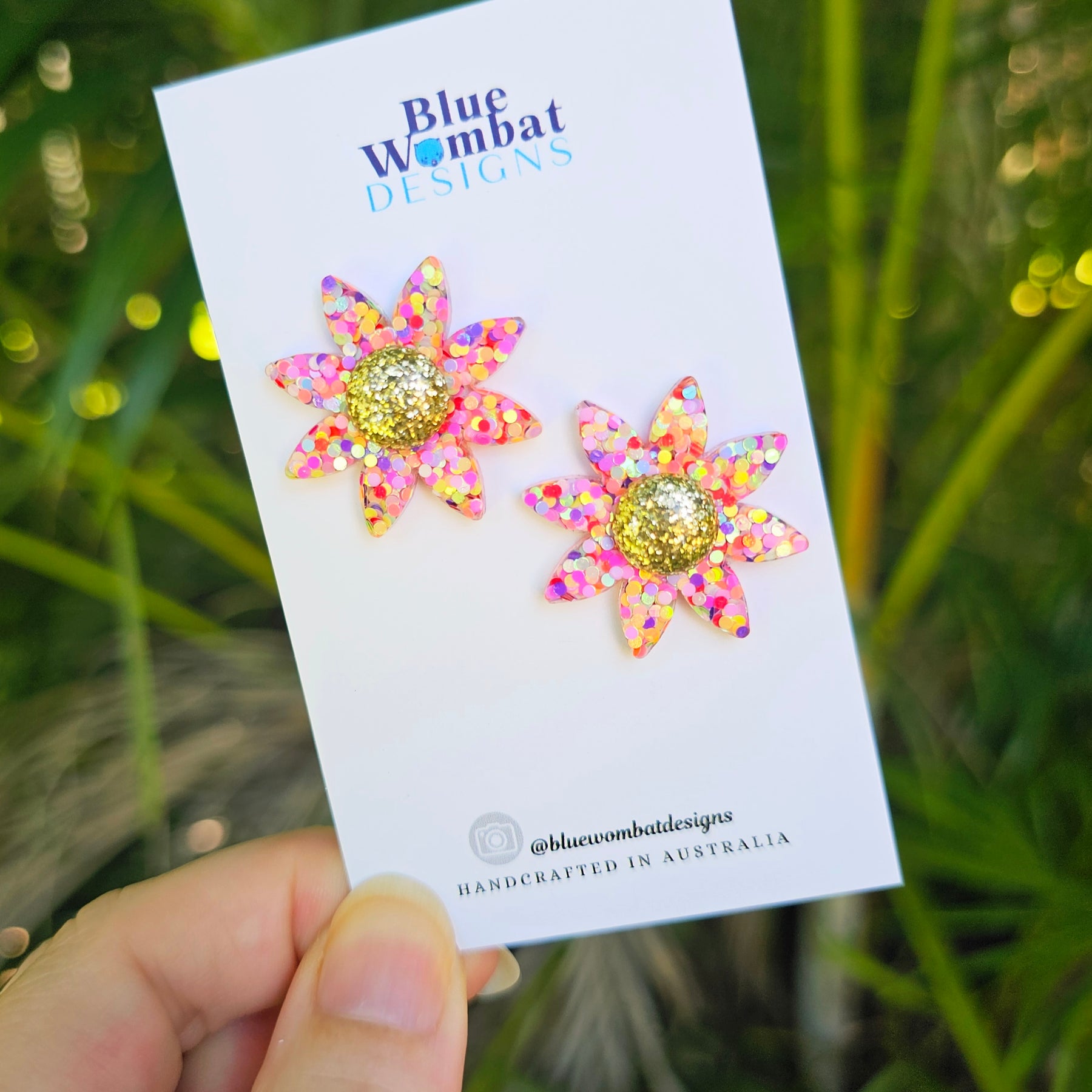 Resin Flower Colourful Glitter Stud Earrings 28mm
