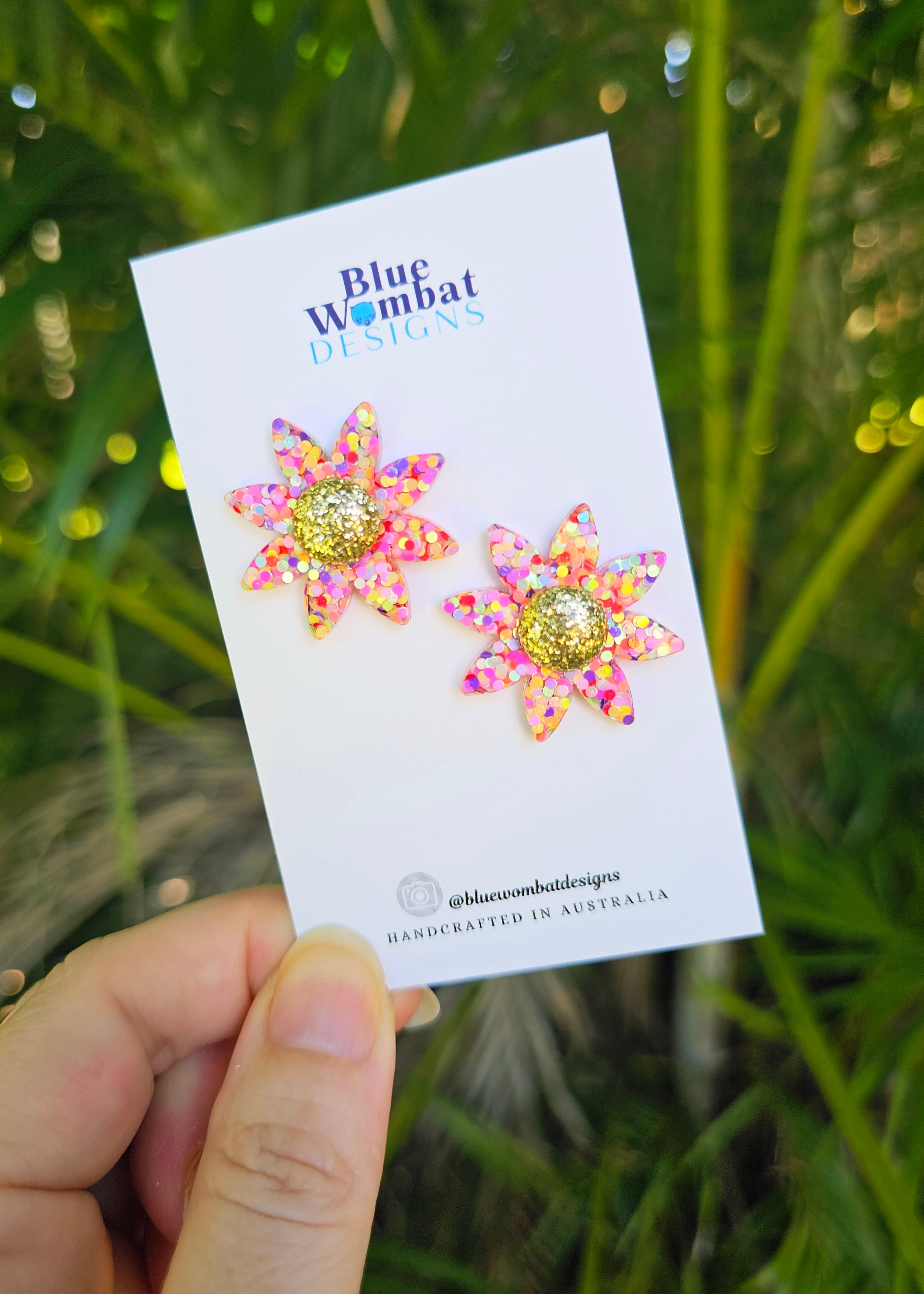 Resin Flower Colourful Glitter Stud Earrings 28mm