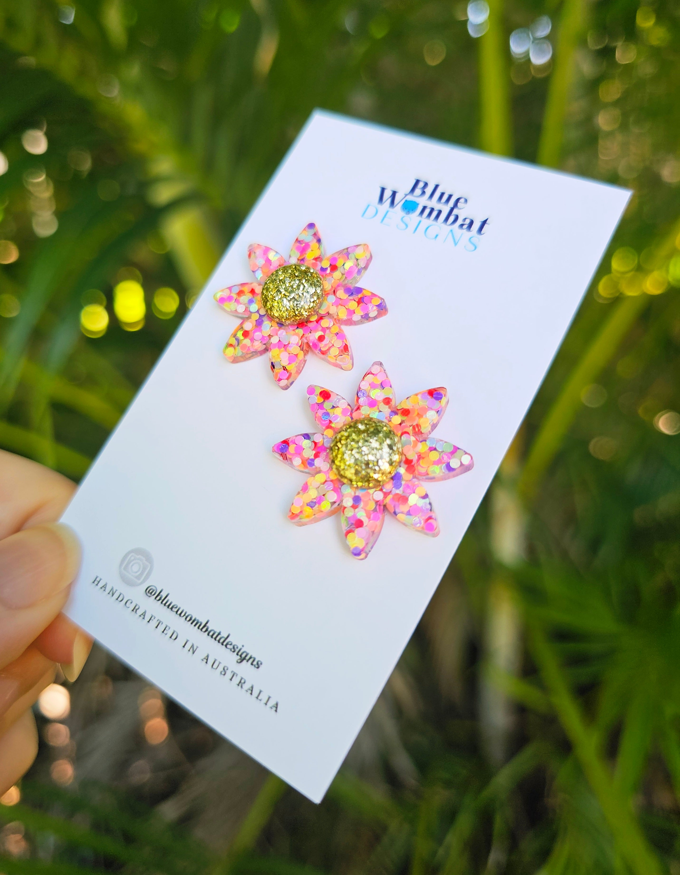 Resin Flower Colourful Glitter Stud Earrings 28mm