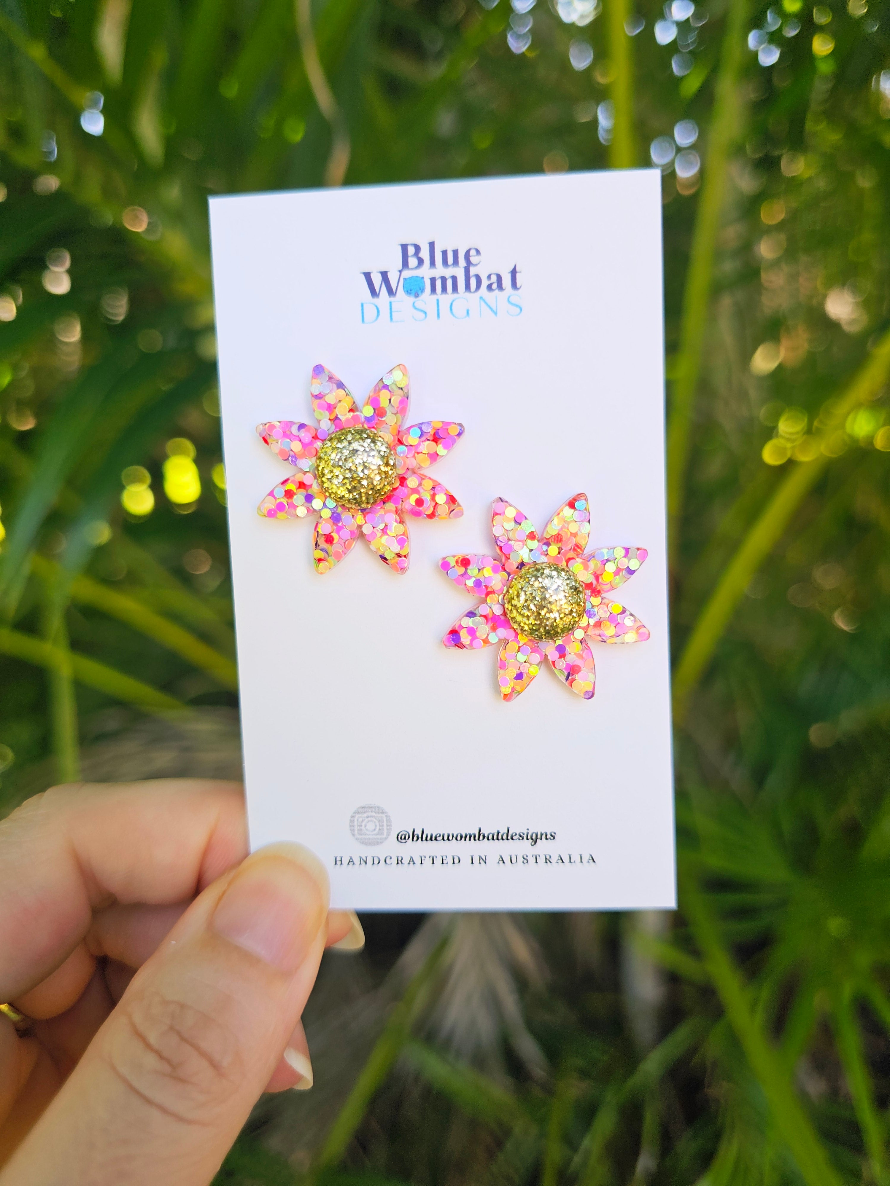 Resin Flower Colourful Glitter Stud Earrings 28mm