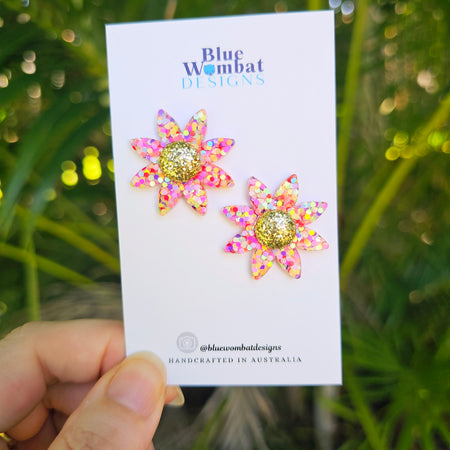 Resin Flower Colourful Glitter Stud Earrings 28mm