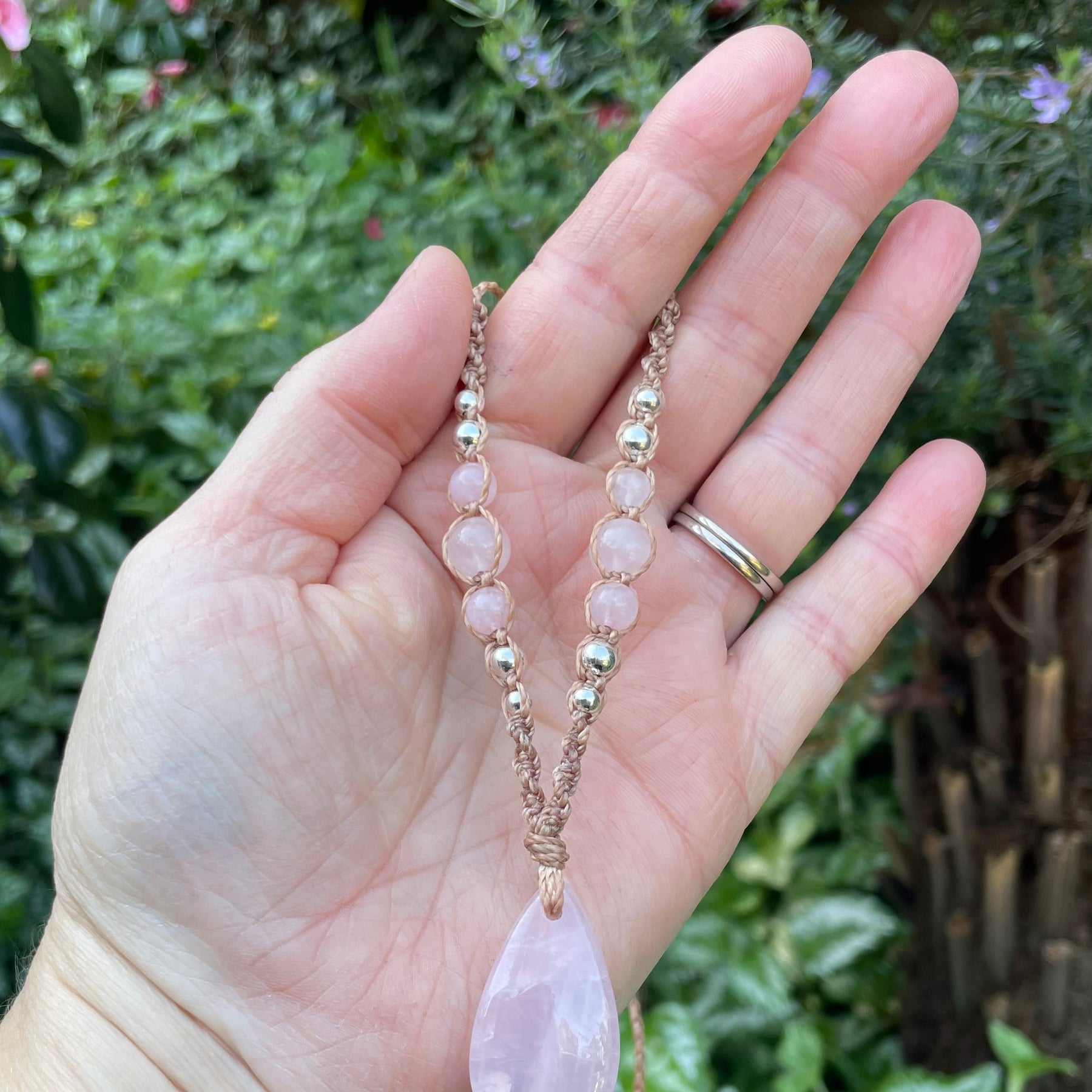 Rose Quartz Pendant, macrame necklace boho