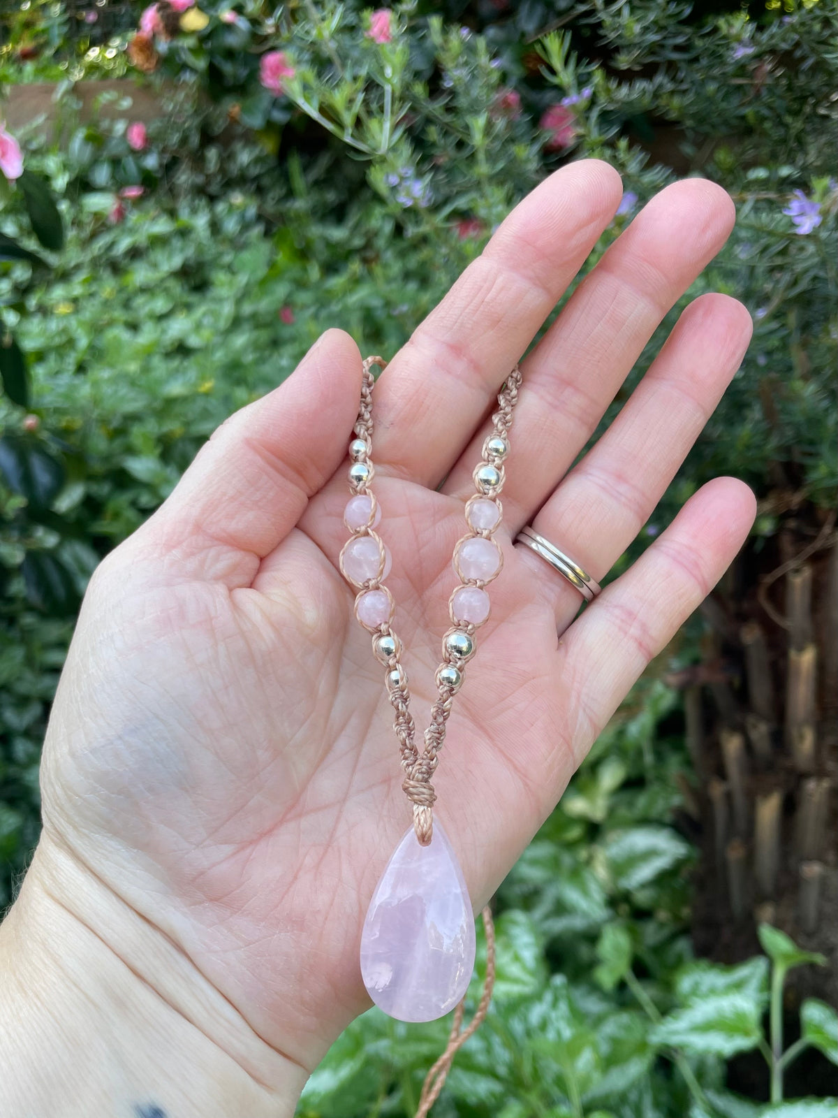 Rose Quartz Pendant, macrame necklace boho