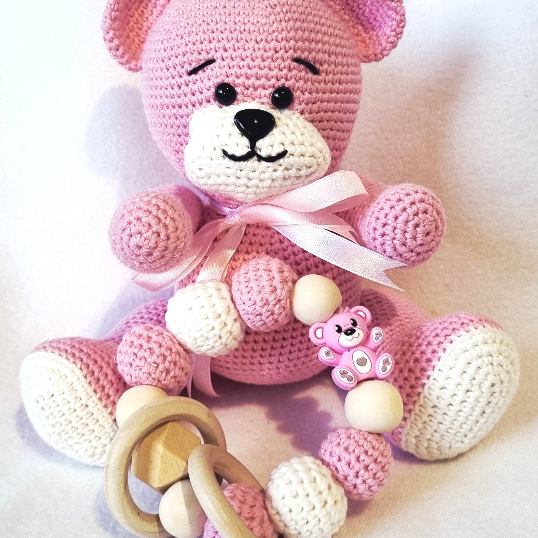Handmade – Crochet Little Bear with Sensory Ring toy – Pink and White - BB10/2