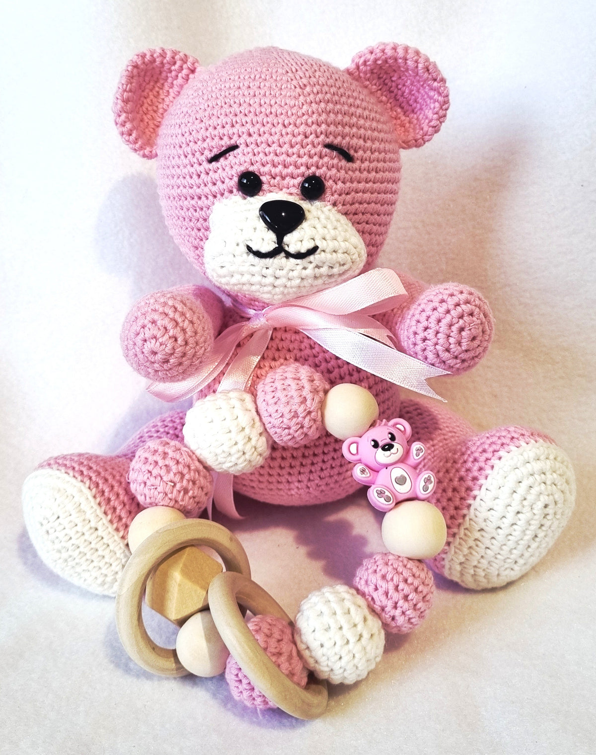 Handmade – Crochet Little Bear with Sensory Ring toy – Pink and White - BB10/2
