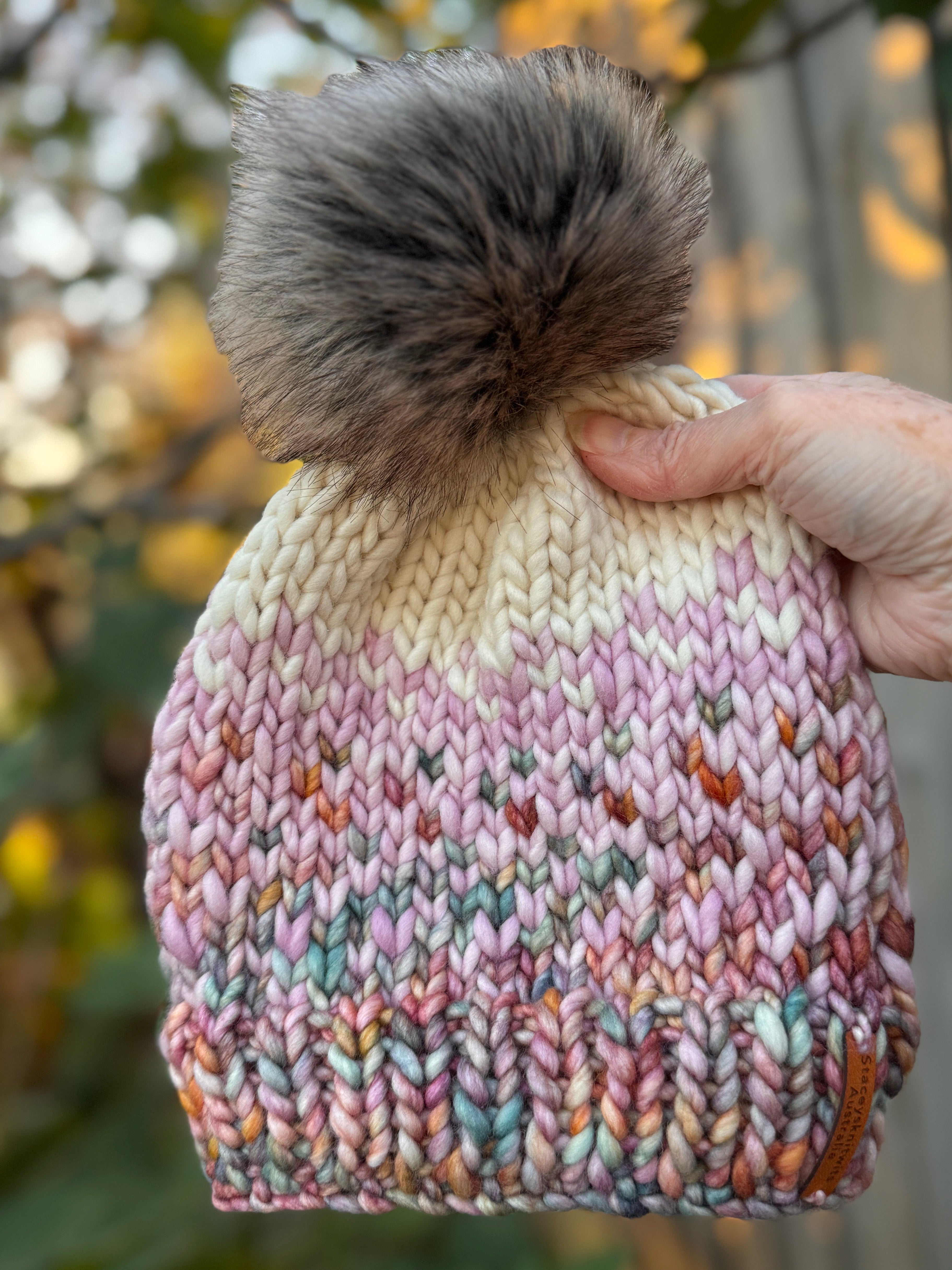 Hand Knitted Merino PomPom Beanie, Pink Colorful Beanie