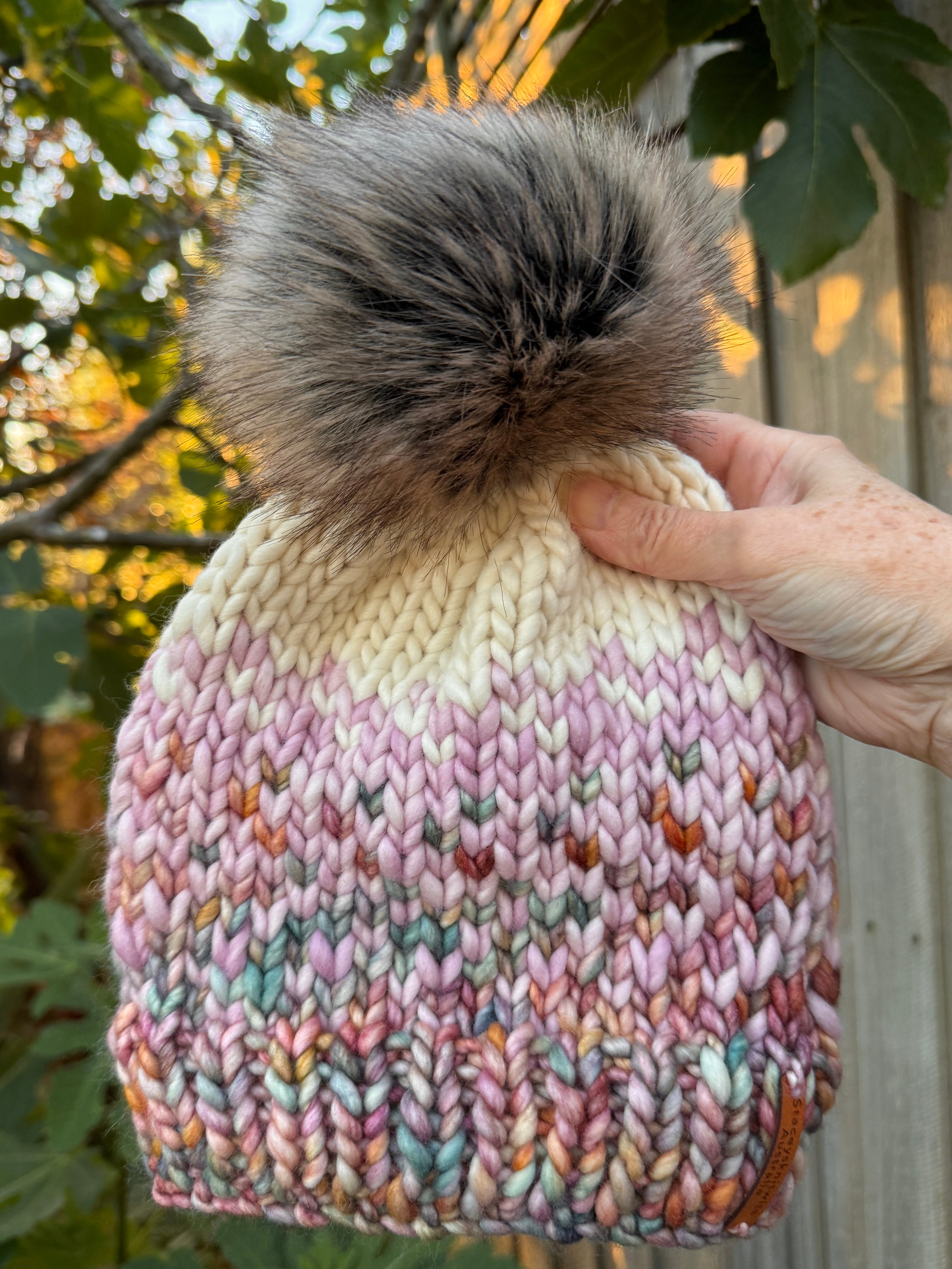 Hand Knitted Merino PomPom Beanie, Pink Colorful Beanie