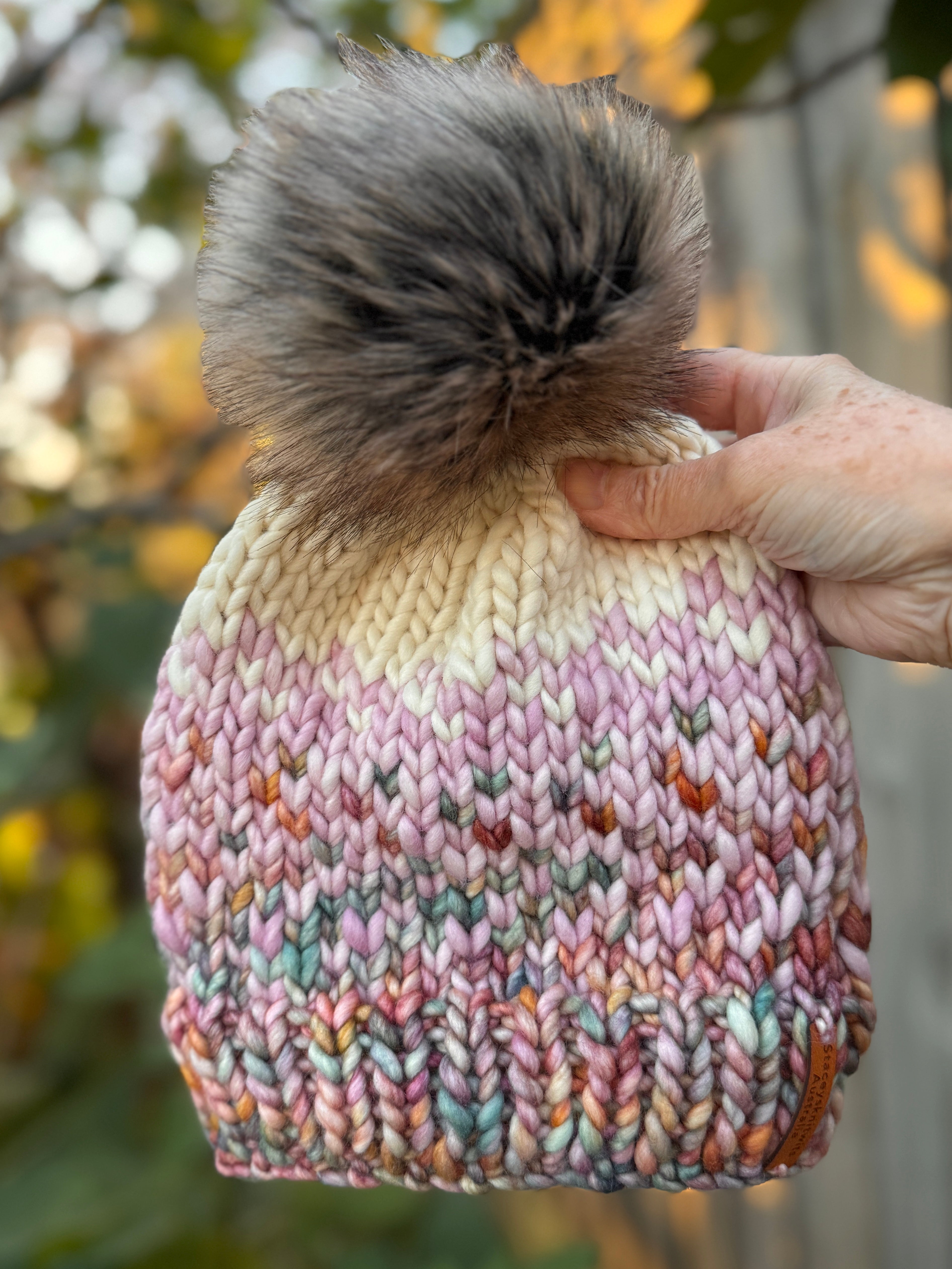 Hand Knitted Merino PomPom Beanie, Pink Colorful Beanie
