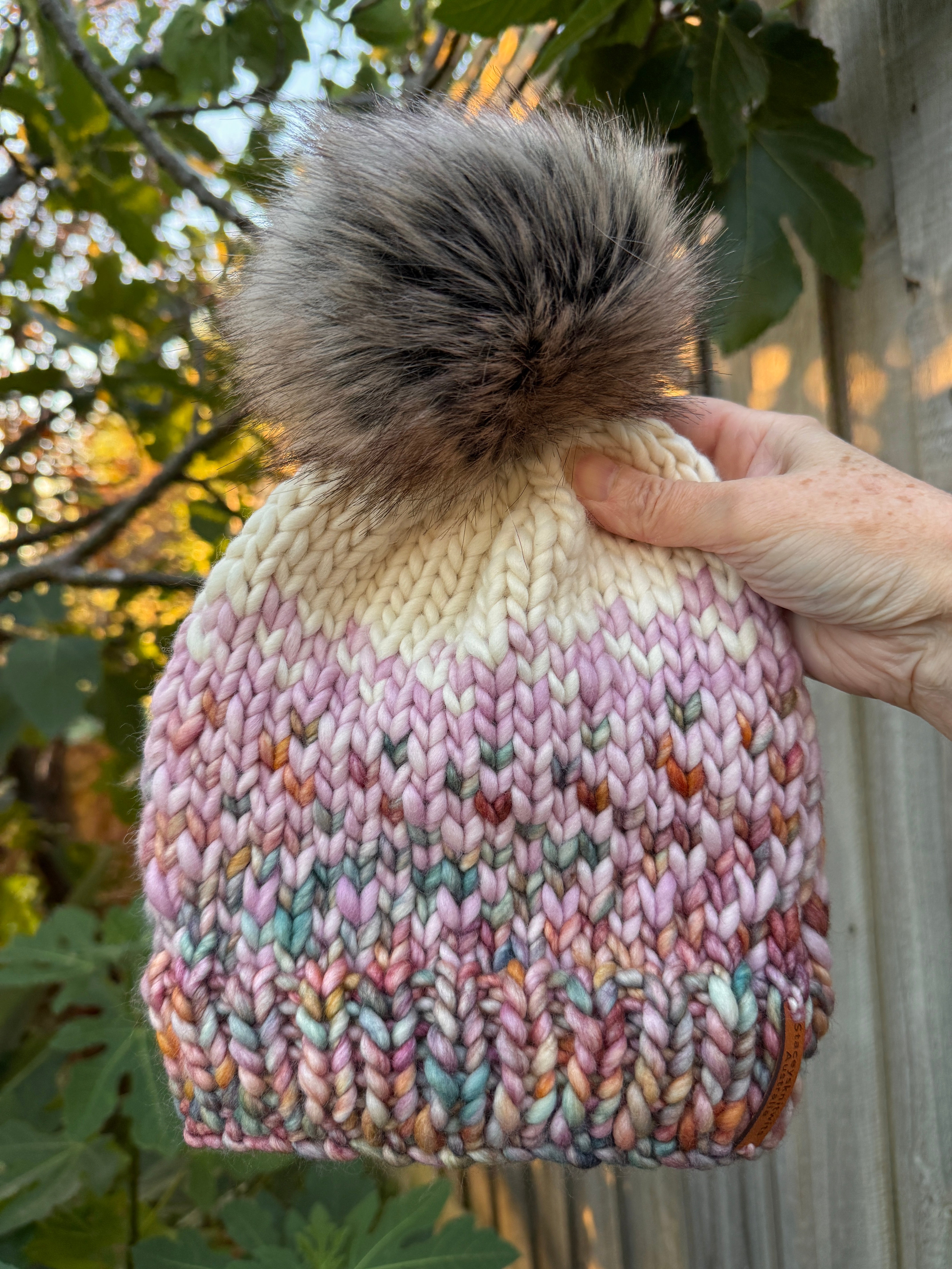 Hand Knitted Merino PomPom Beanie, Pink Colorful Beanie