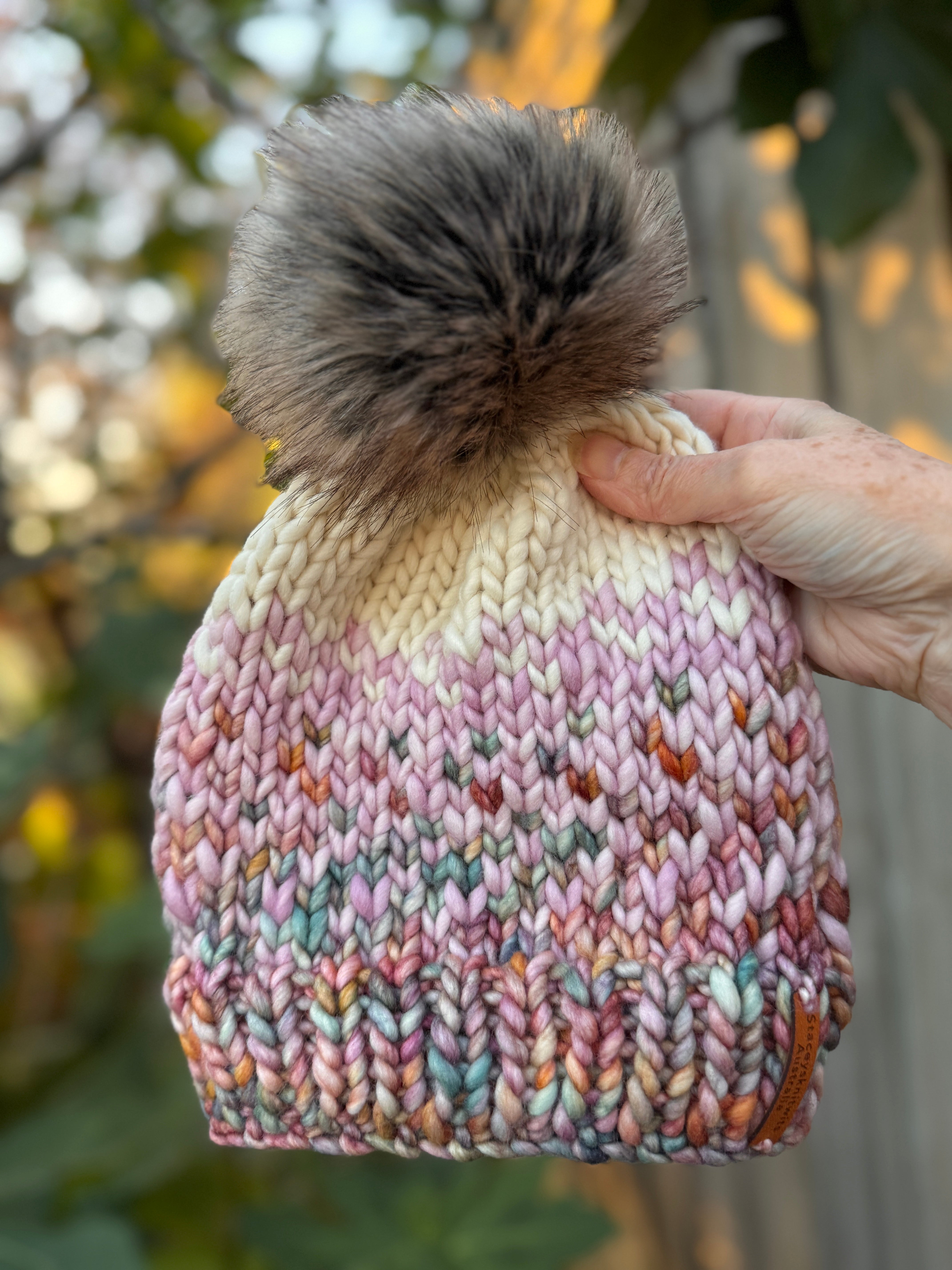 Hand Knitted Merino PomPom Beanie, Pink Colorful Beanie
