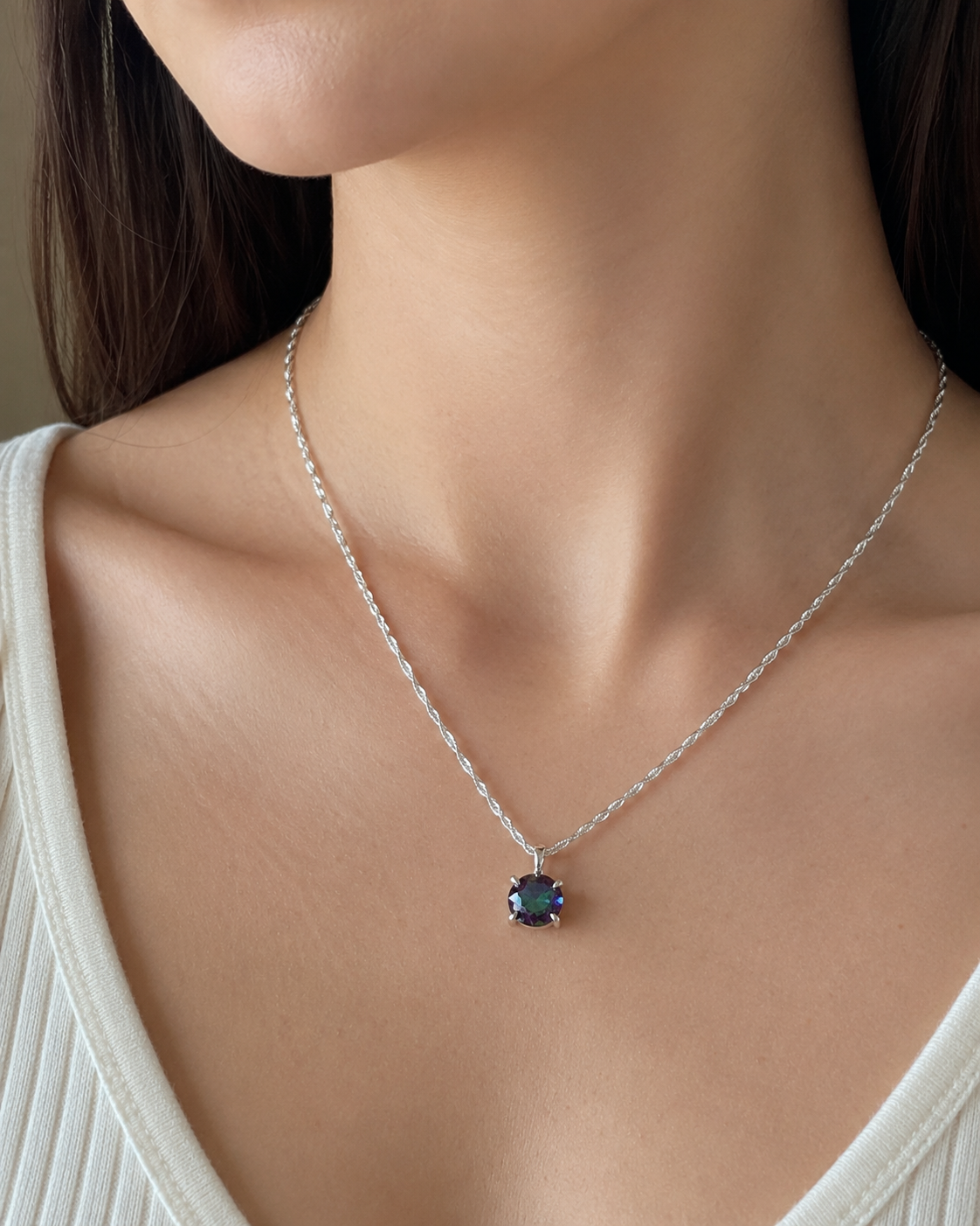 Mystic Topaz Pendant — Sterling Silver, 10 mm Gem, 42 cm Chain (Hand-Crafted)
