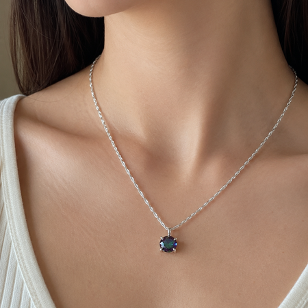 Mystic Topaz Pendant — Sterling Silver, 10 mm Gem, 42 cm Chain (Hand-Crafted)