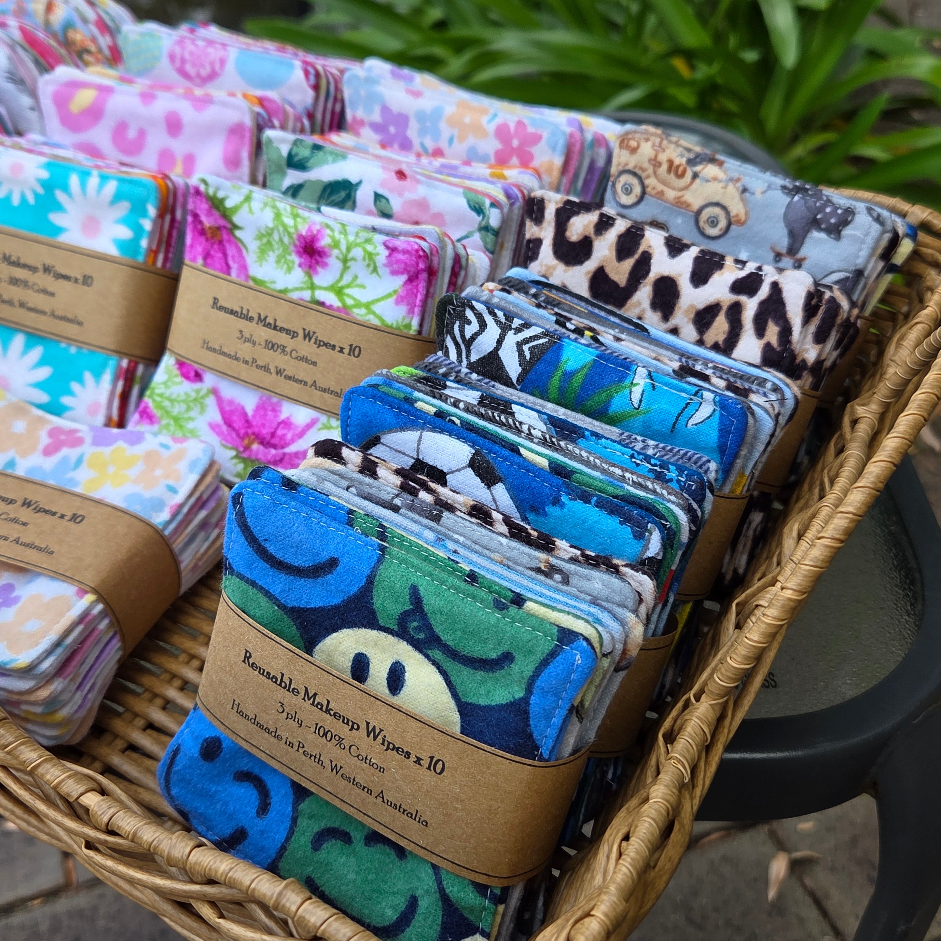 Reusable Makeup Wipes, packs of 10, various designs