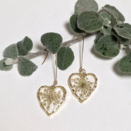Elegant, heart shaped Queen Anne's Lace earrings