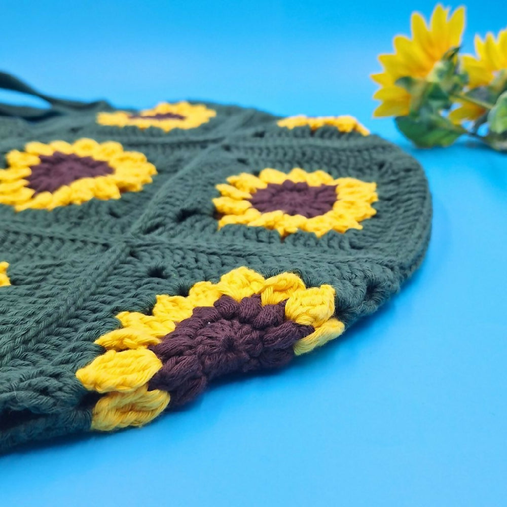 Tutti Fruitti Handmade Crocheted Sunflower Bag  Green Base