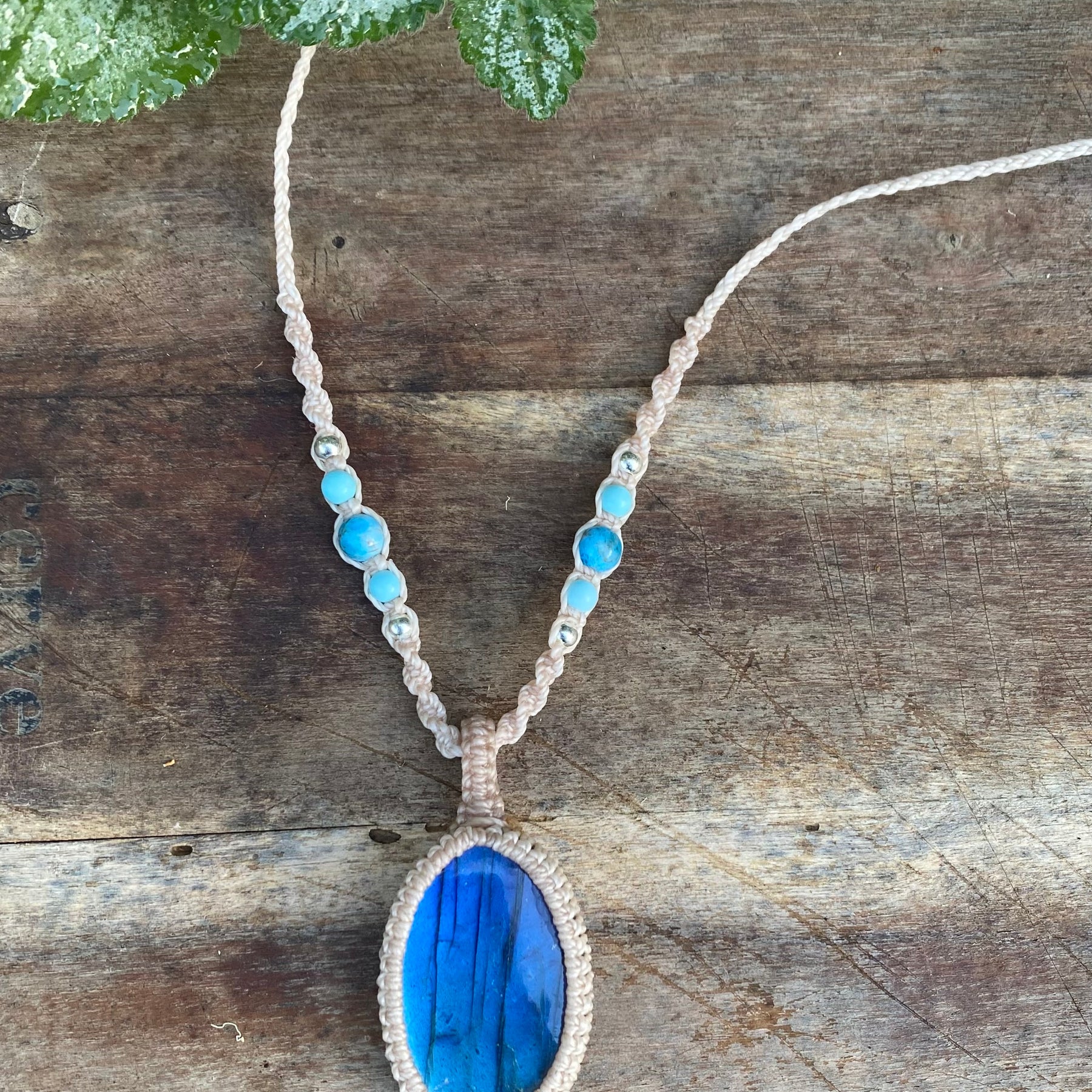 Blue Flash Labradorite Pendant: Beaded Macrame necklace, Adjustable Boho