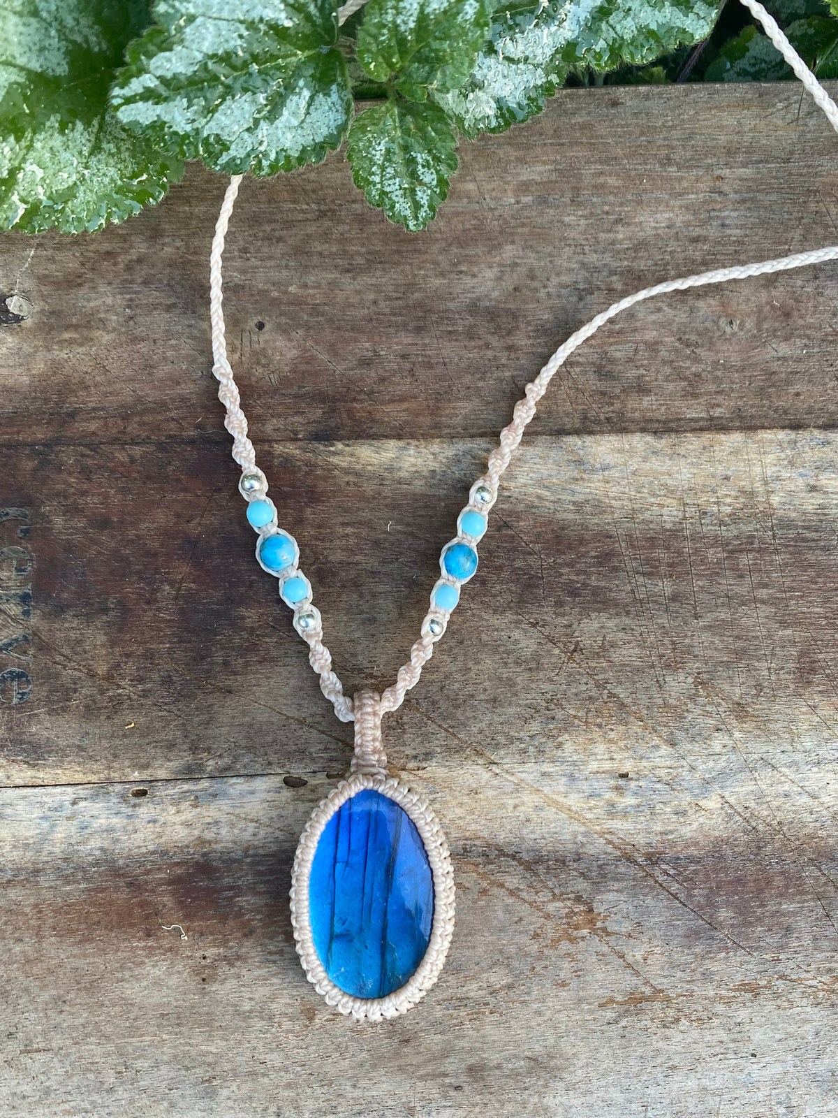 Blue Flash Labradorite Pendant: Beaded Macrame necklace, Adjustable Boho
