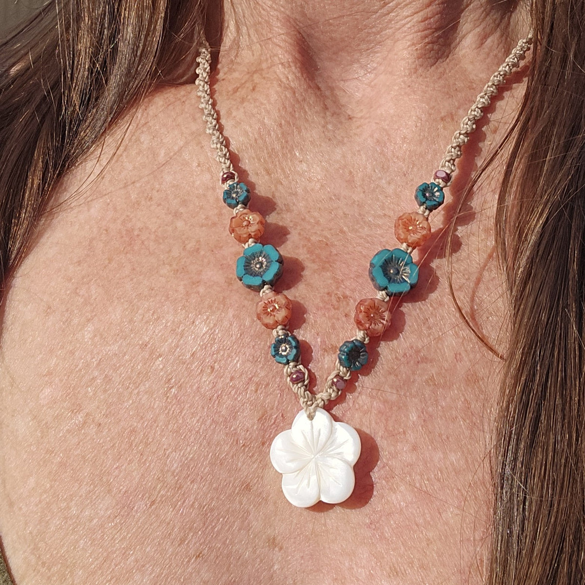 Flower Necklace with Mother of Pearl and Czech Glass Beads