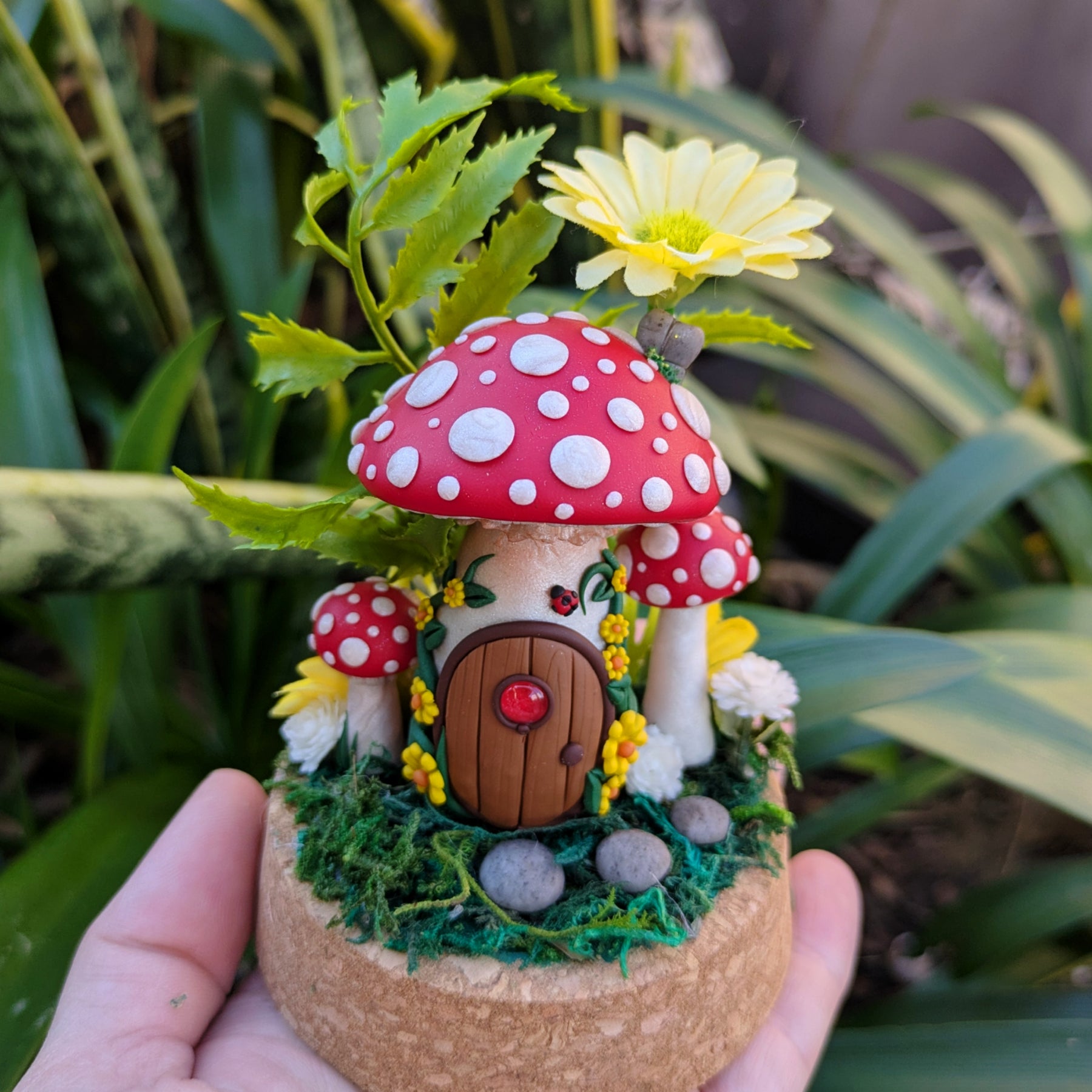Enchanted Red Fairy Mushroom House in glass dome
