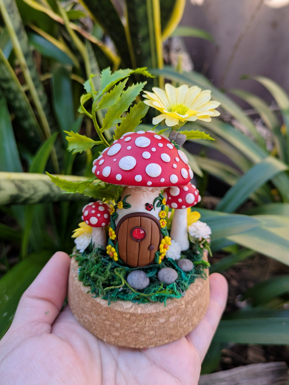 Enchanted Red Fairy Mushroom House in glass dome