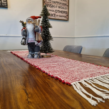 Handwoven Christmas fabric table runner red and white