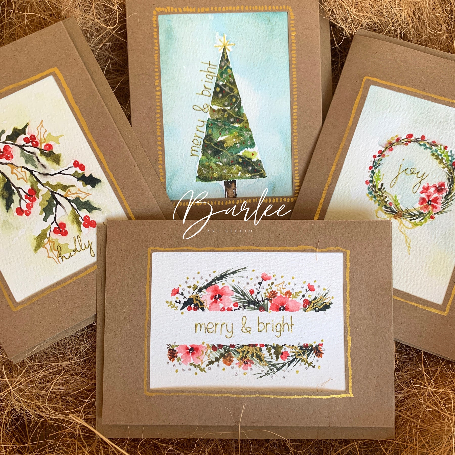 Set of 4 Hand-Painted Christmas Cards - One-of-a-Kind.