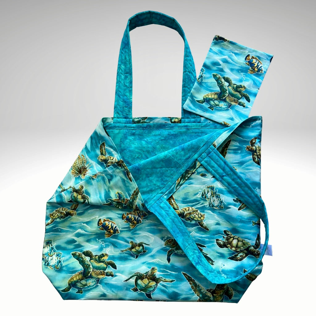 Grocery Tote .. Turtles .. Lined with storage Pouch