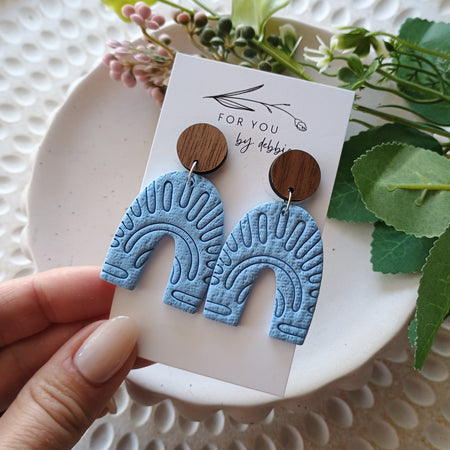 Orla arch dangle earrings- blue and wood stud