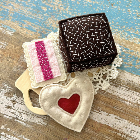 Felt sweets set, Lamington, heart jam drop, iced vovo