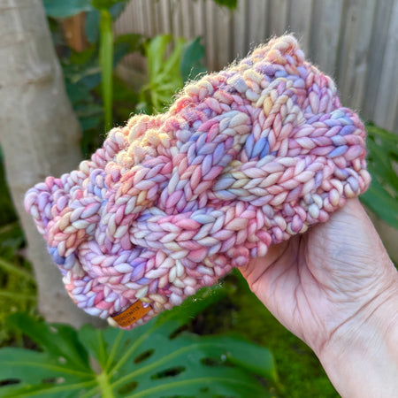 Hand Knitted Headband, Stretchy Rainbow Merino Earwarmers