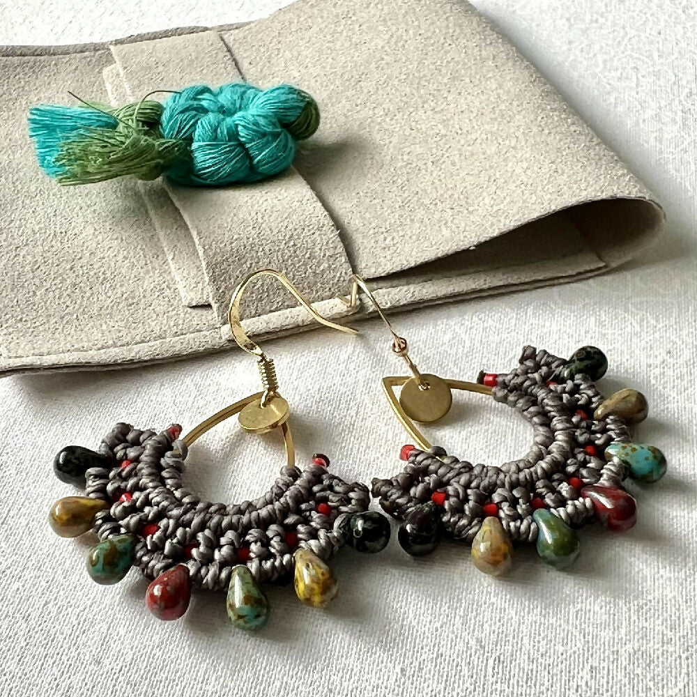 Teardrop Micro Macrame Earrings / Czech Glass + Free Microfibre Pouch