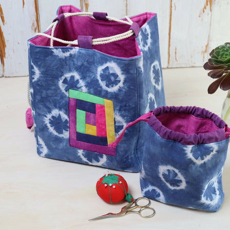 Large Tie Dyed Komebukuro Bag set. Rice Bag, Project Bags. Blue/Raspberry