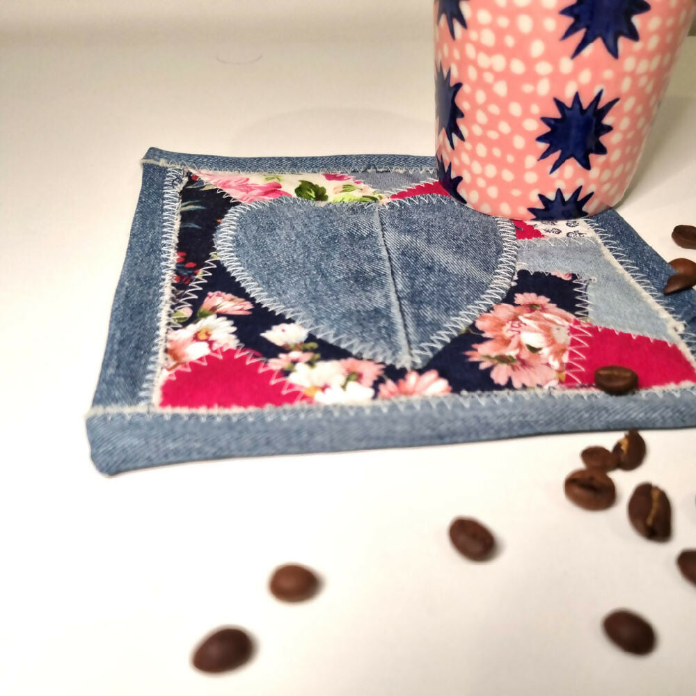 Denim Mug Rug with Heart - Single Coaster - FREE SHIPPING!