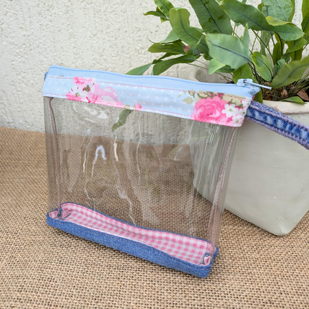 Clear Pouch Organiser with Upcycled Denim base Pink Rose