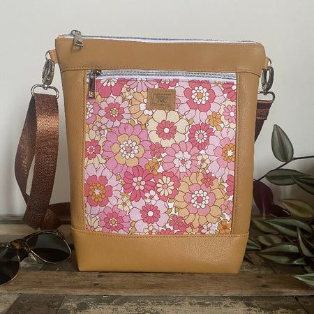 Hipster Crossbody Bag - Pink Zinnias/Mustard Faux Leather