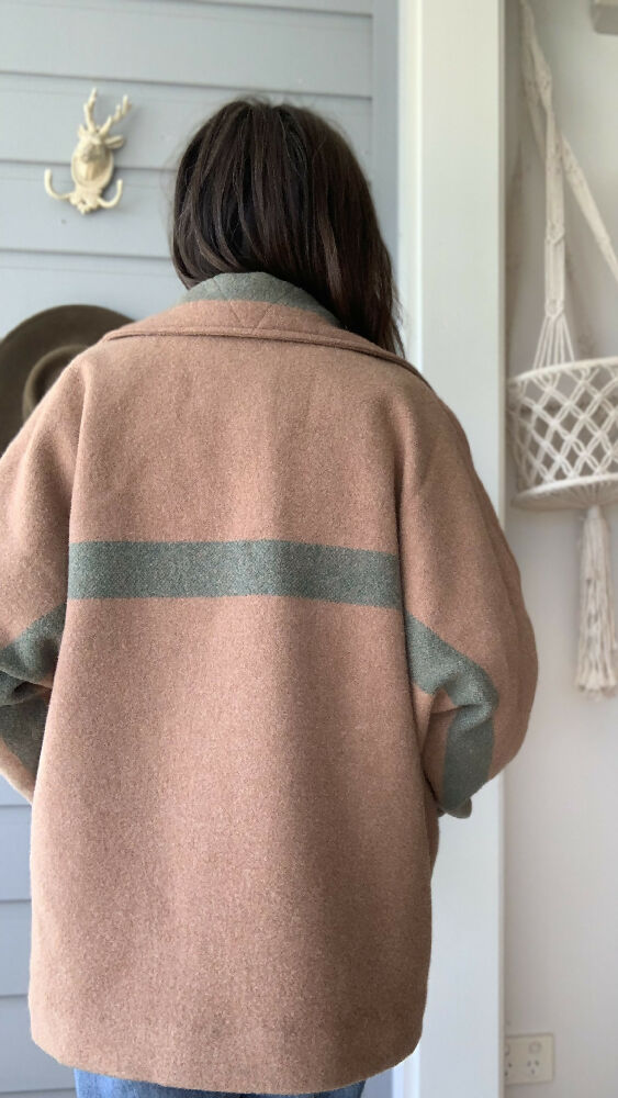 Tan Wool blanket jacket/ wool jacket/ upcycled blanket jacket/ size large