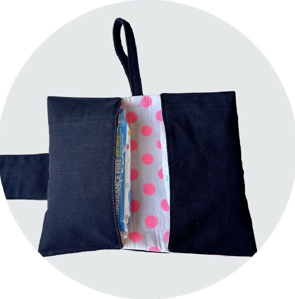 Upcycled Denim Nappy Wallet - Black and Pink Spots