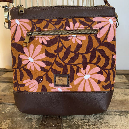 Mia Crossbody Bag - Coral Flowers on Mustard/Dk Brown Faux Leather