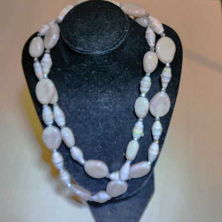 Beaded necklace. Cream paper beads and quartz, bead and pearls.