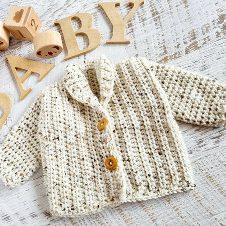 Baby Grandpa Cardigan Oatmeal Newborn Handmade Crocheted 0-3 months