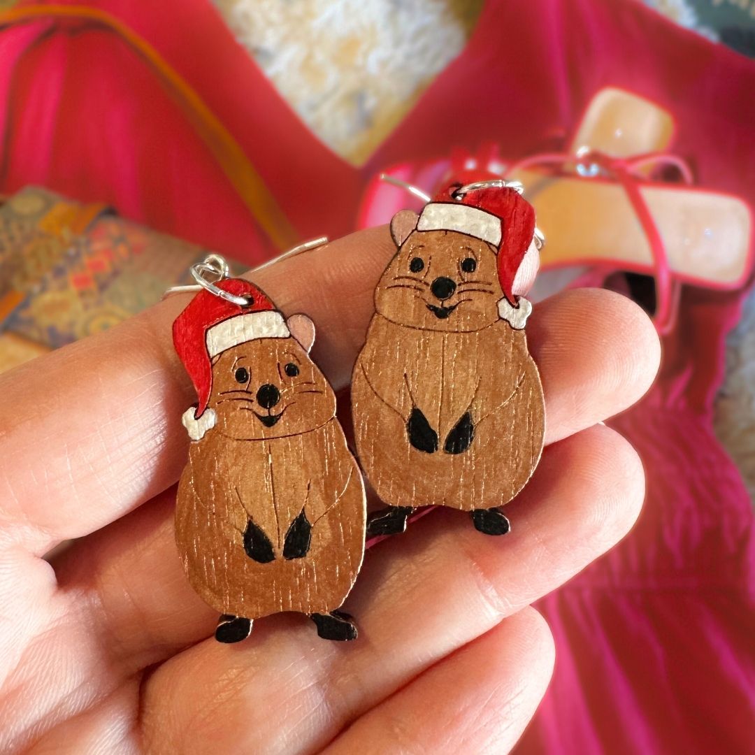 Australian Christmas Quokka Hand Painted Earrings