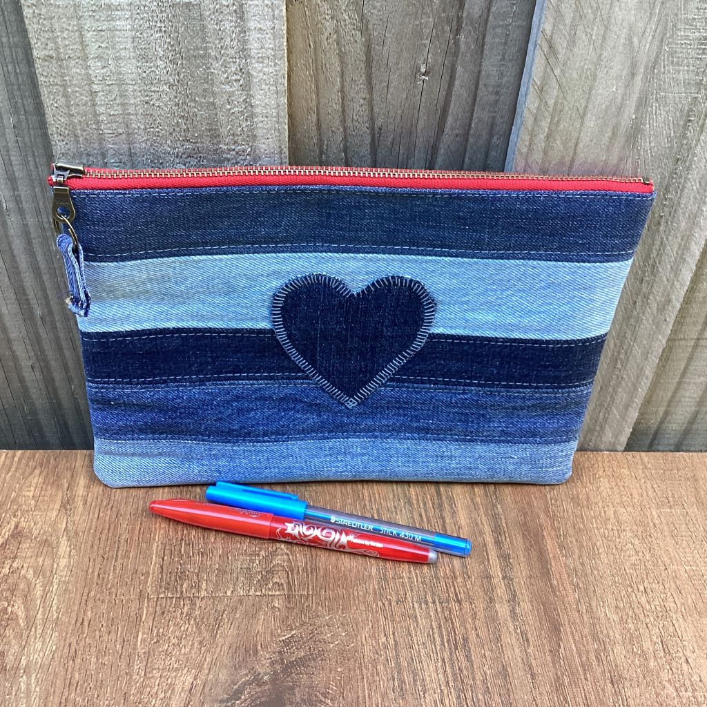 Upcycled Denim Pencil Case – Denim Heart Applique