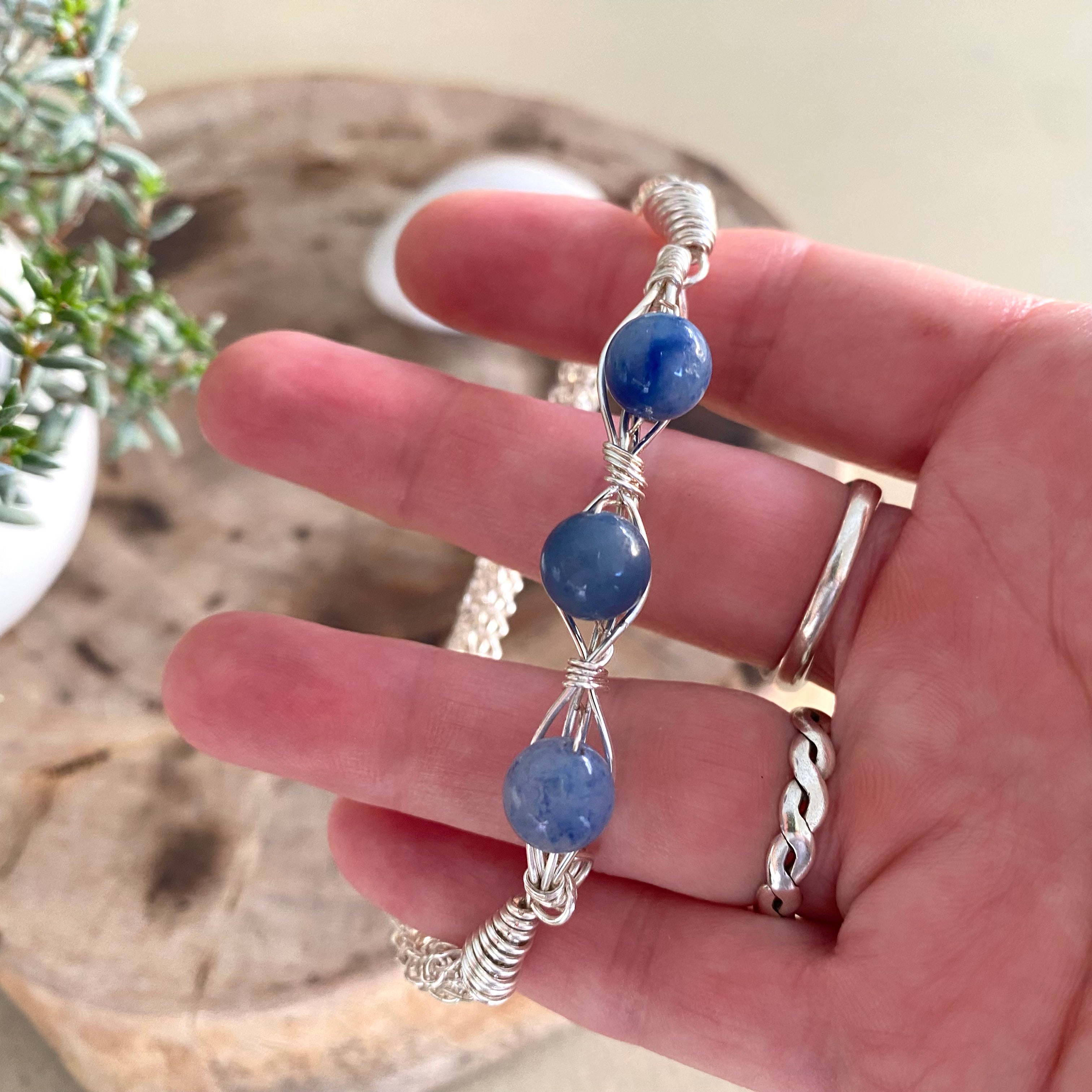 Blue Aventurine Silver Wire Knitted Bangle Bracelet
