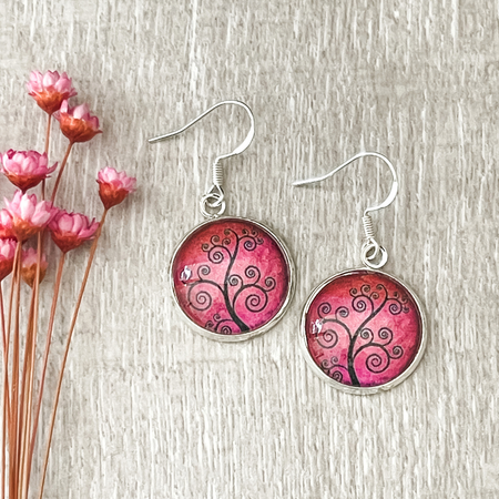 Magenta Pink Swirl Tree of Life Earrings • Vivid Quirky Fun Earrings