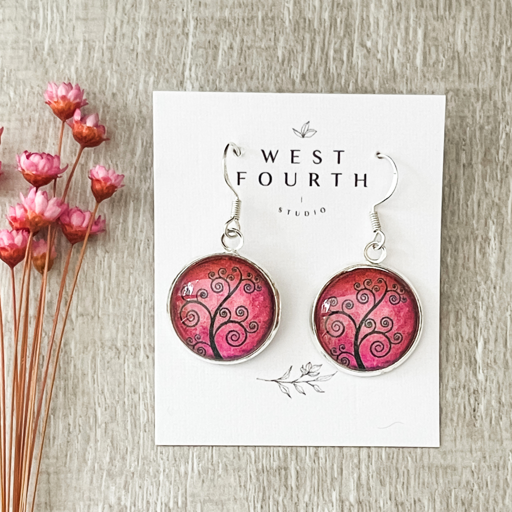 Magenta Pink Swirl Tree of Life Earrings • Vivid Quirky Fun Earrings