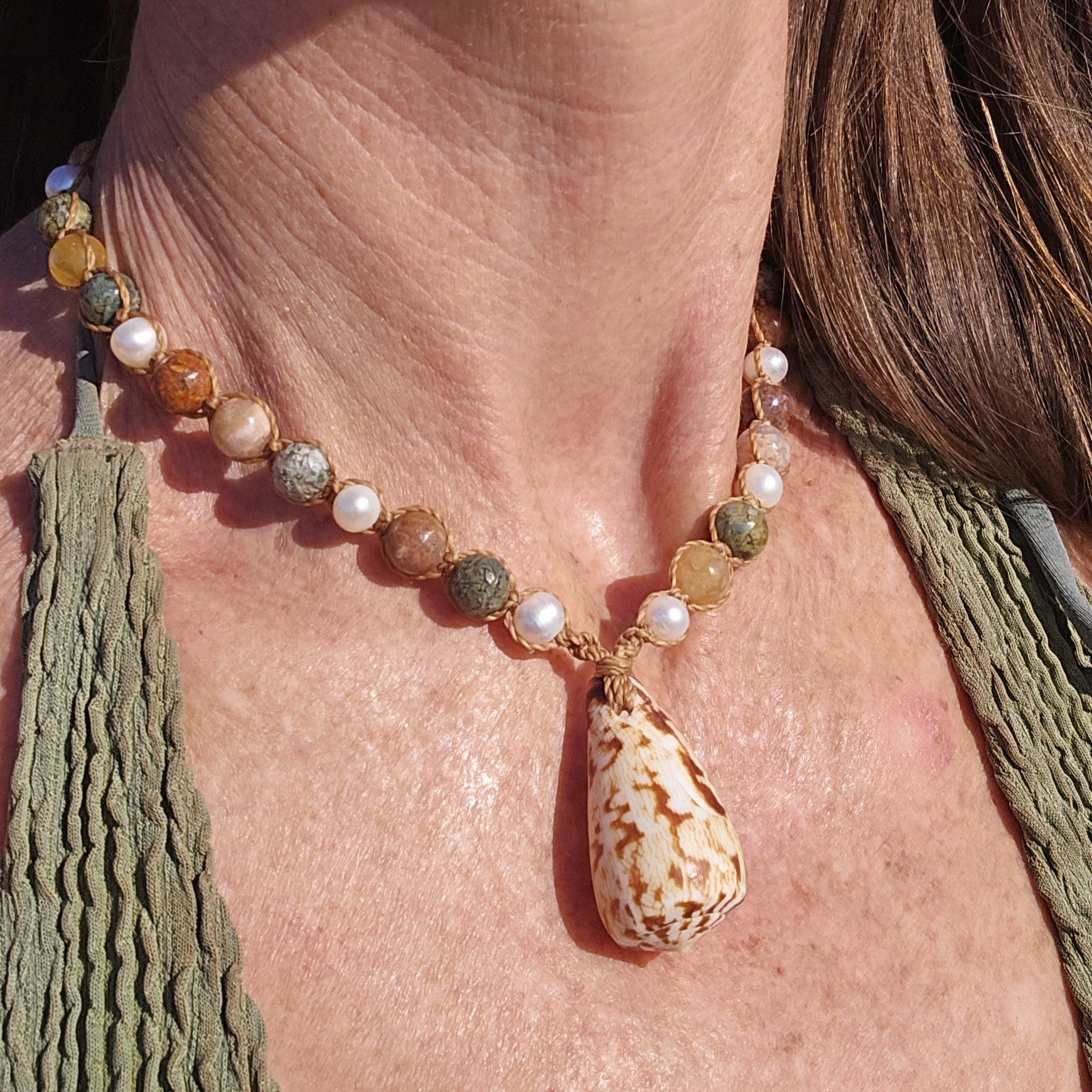 Cone Shell with Rare Ocean Agate & Pearl Necklace