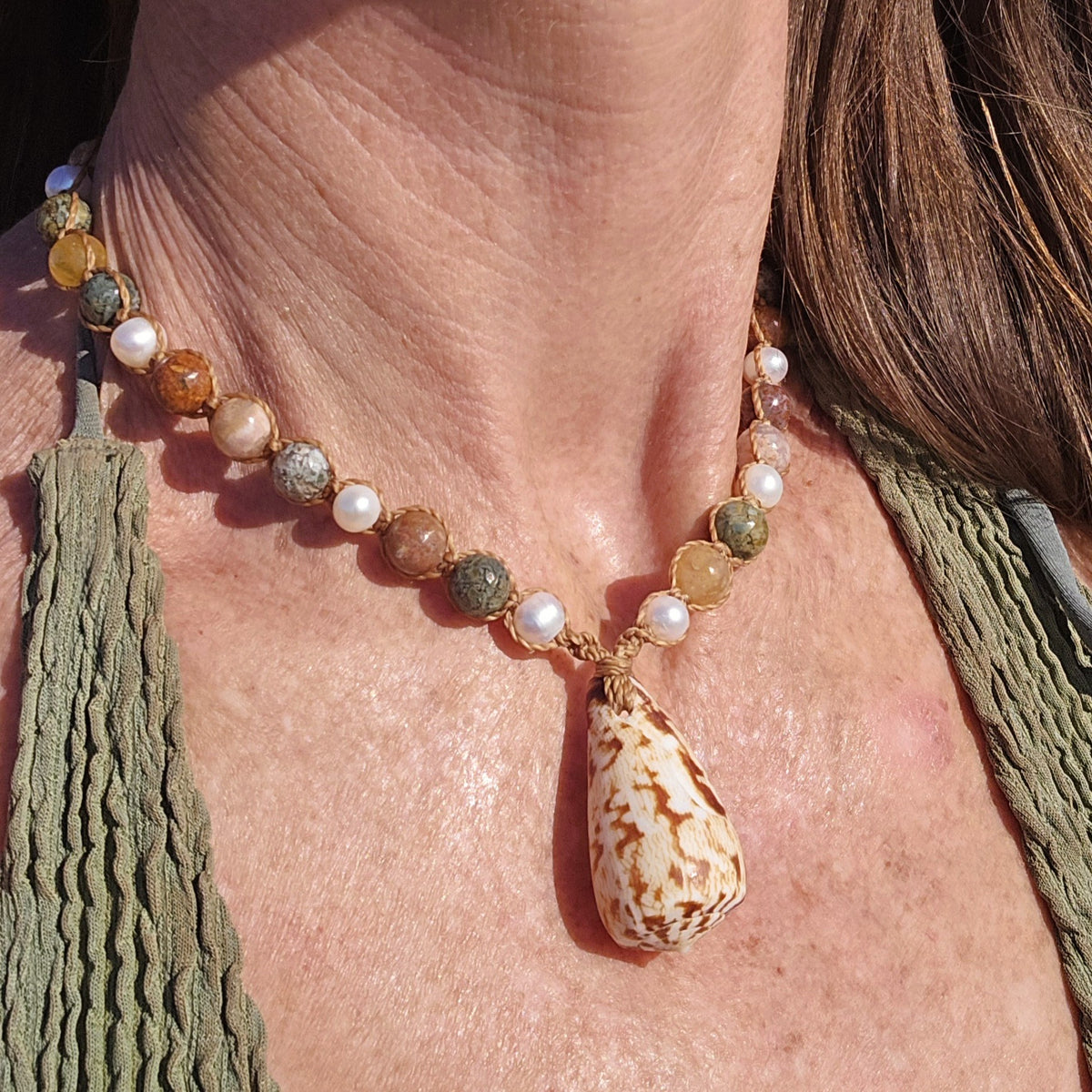 Cone Shell with Rare Ocean Agate & Pearl Necklace