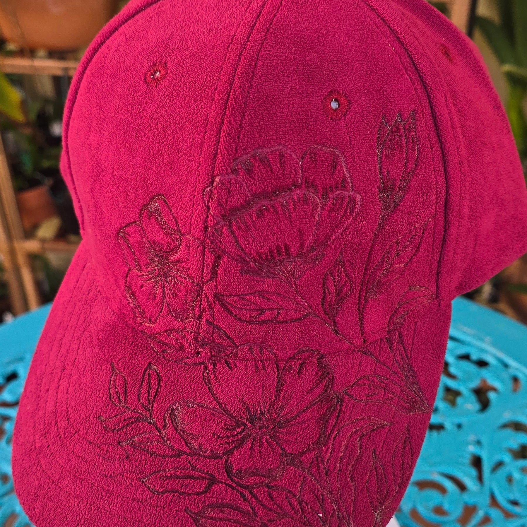 Hand burnt Botanical baseball cap