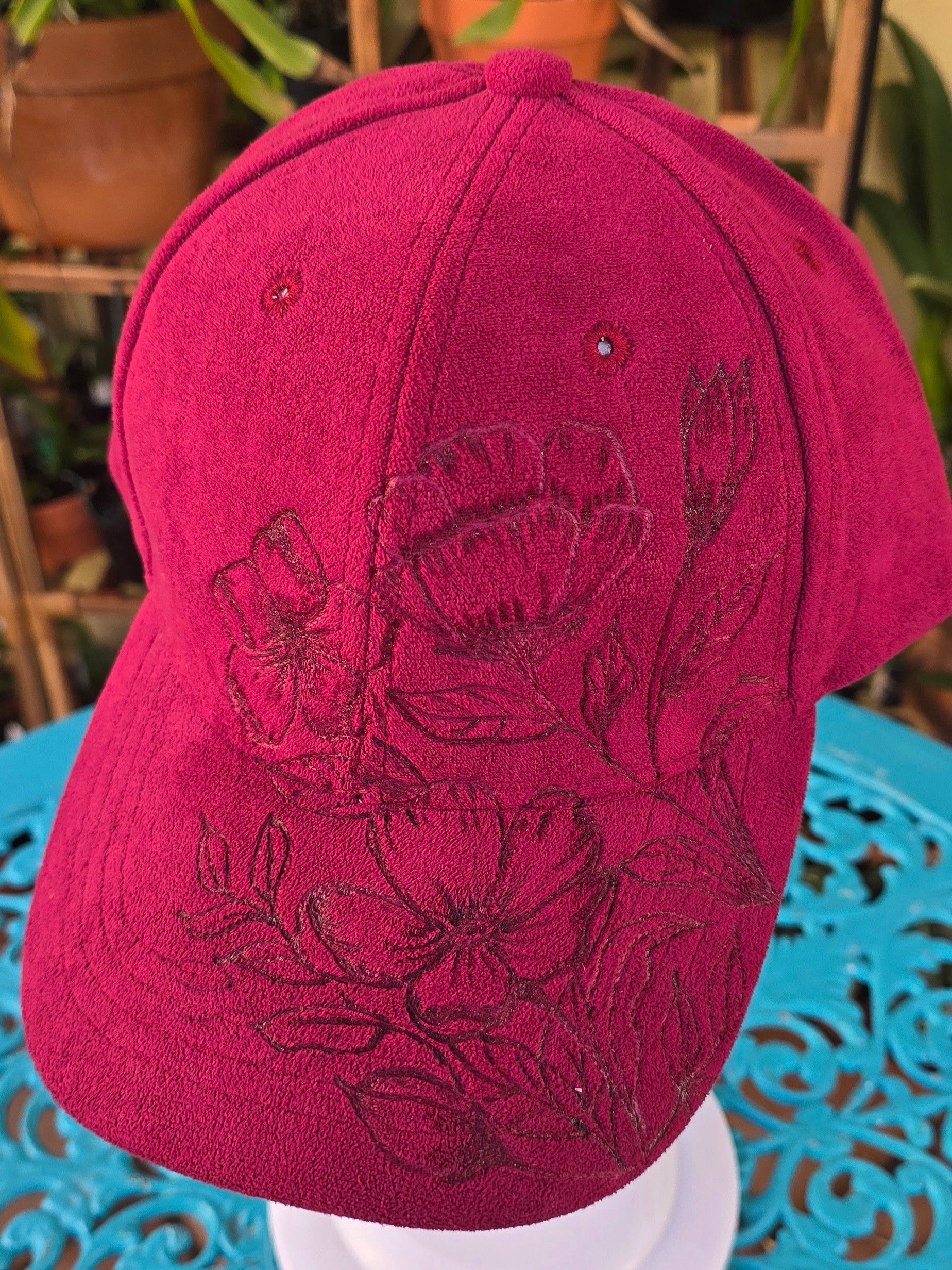 Hand burnt Botanical baseball cap